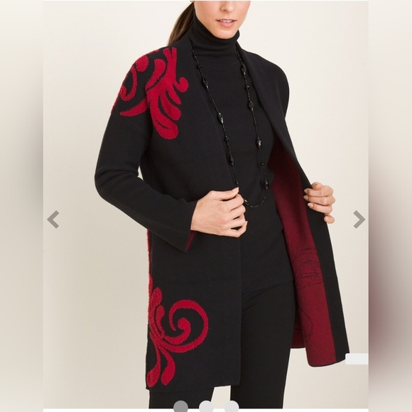 Chico's Sweaters - Chico's Red & black scroll long cardigan
